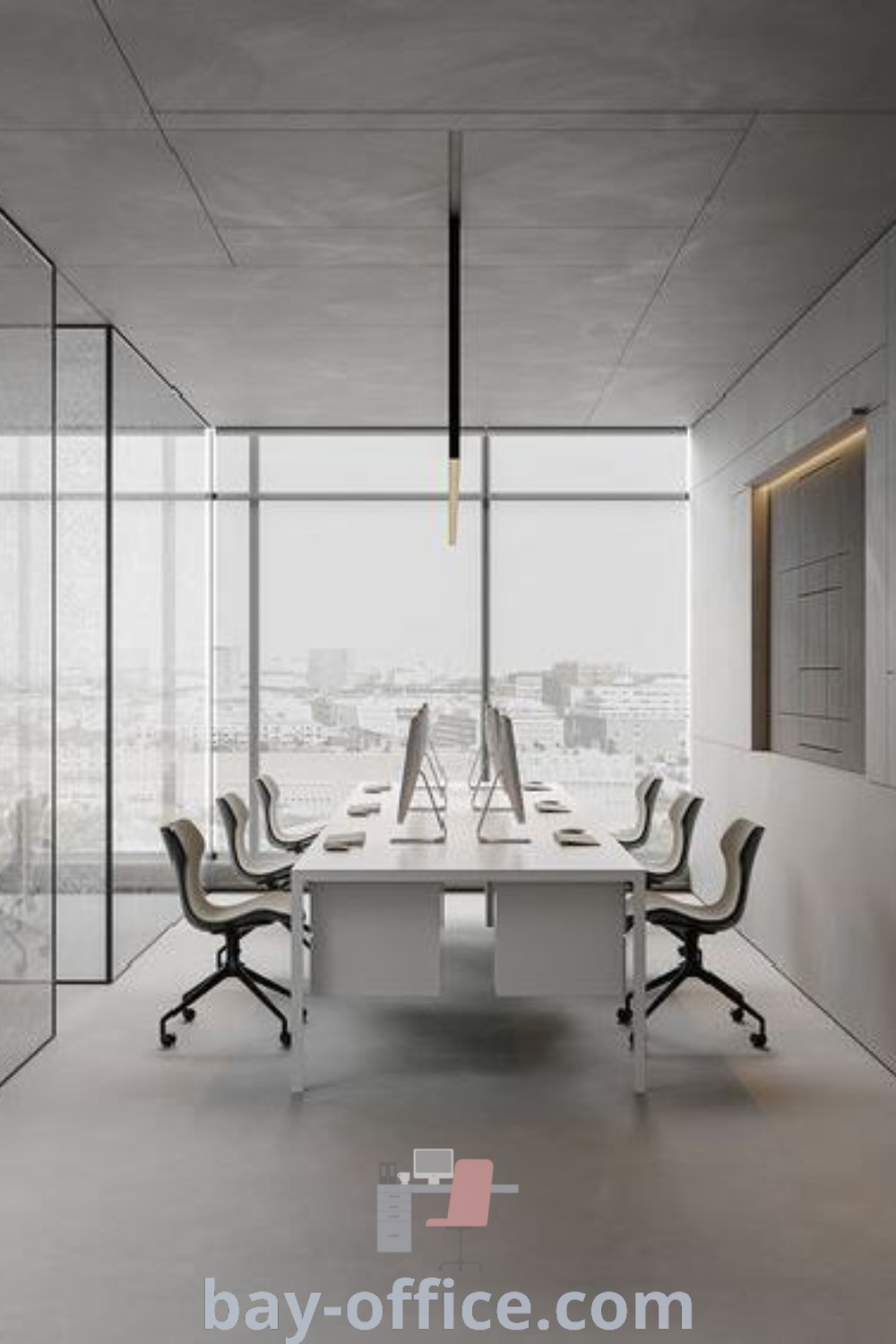 Empty conference room with glass walls and chairs showcasing minimalist office design trends. Ideal for creating productive spaces, this setting offers office ideas that inspire productivity. Discover more design tips and inspiring office concepts at bay-office.com.