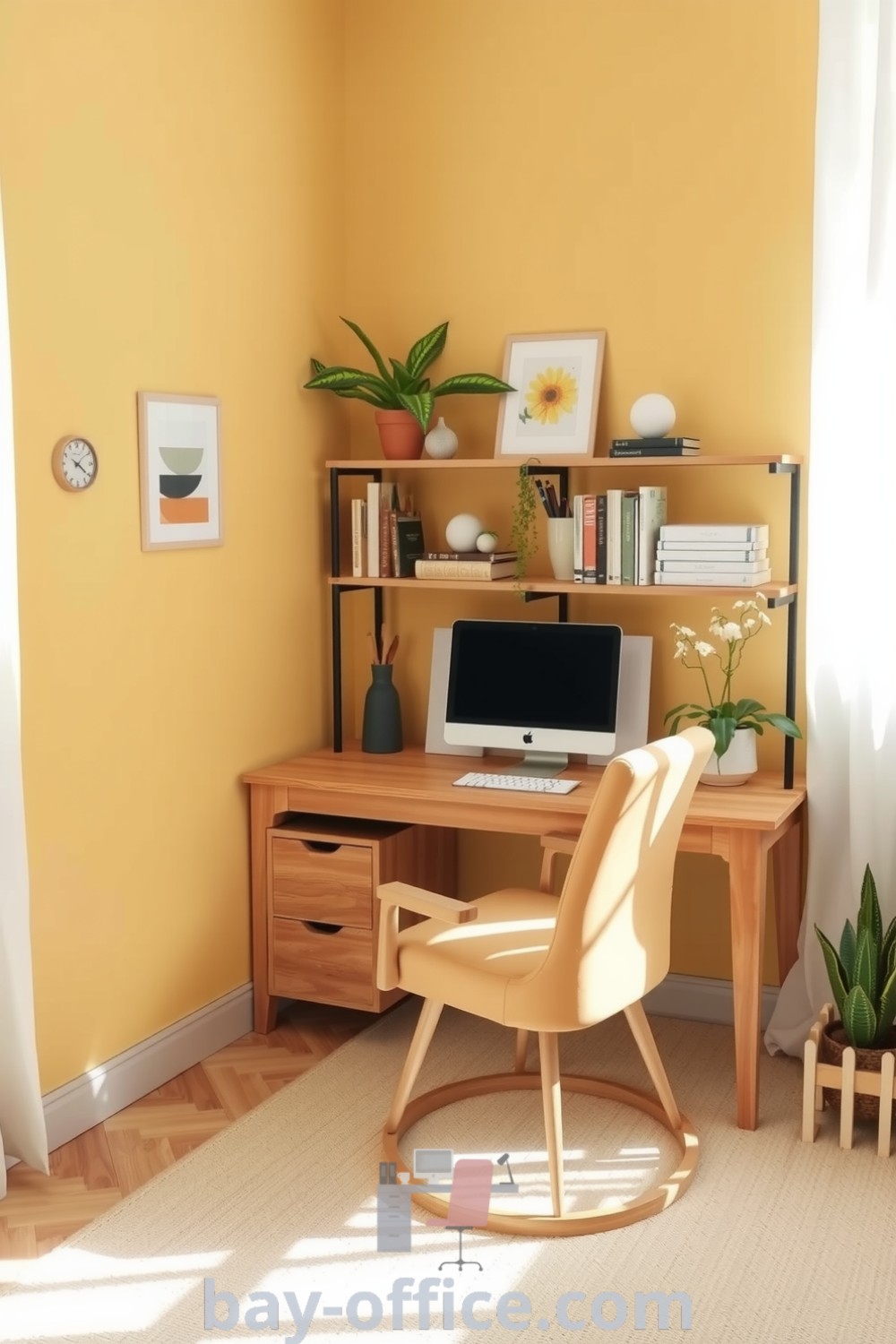 Minimalist home office with soft yellow tones, a wooden desk, comfortable chair, and plants, creating a cozy and inspiring atmosphere for productivity. Discover design tips and ideas that you