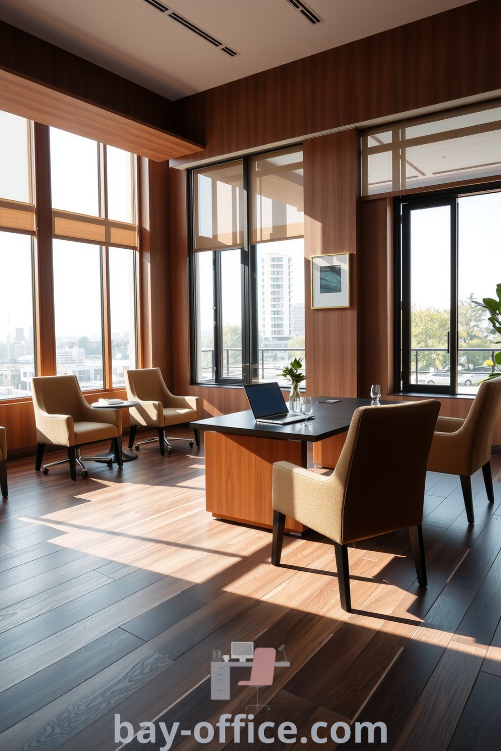 Minimalist corporate office featuring rich brown accents, natural light, and greenery, creating an inviting yet professional atmosphere that inspires productivity. Explore more cozy design ideas at bay-office.com.