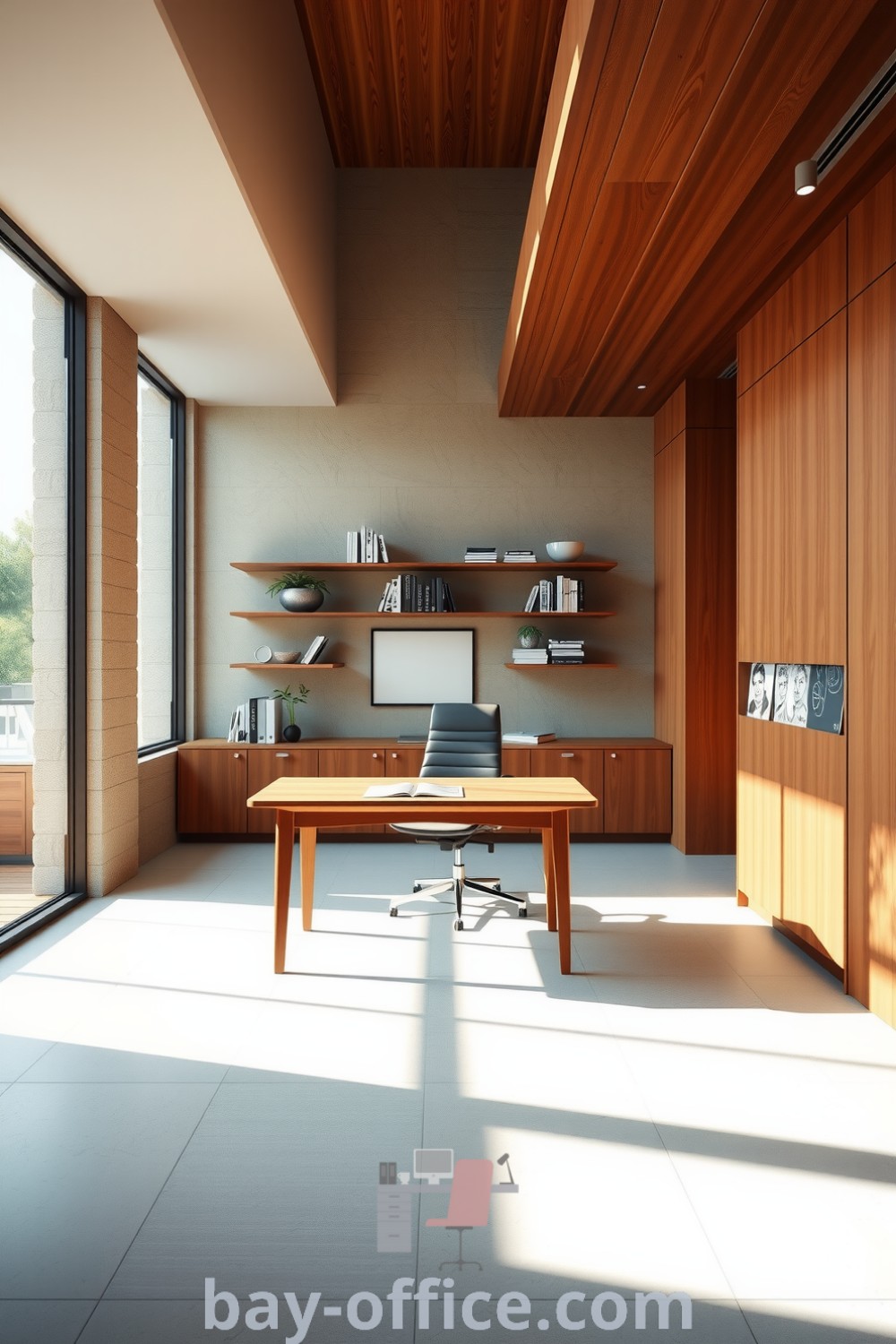 Minimalist corporate office with warm brown tones, wooden accents, natural light, and curated shelves featuring books and plants, designed to inspire productivity and comfort. Discover more cozy decor ideas that will inspire productivity at bay-office.com.
