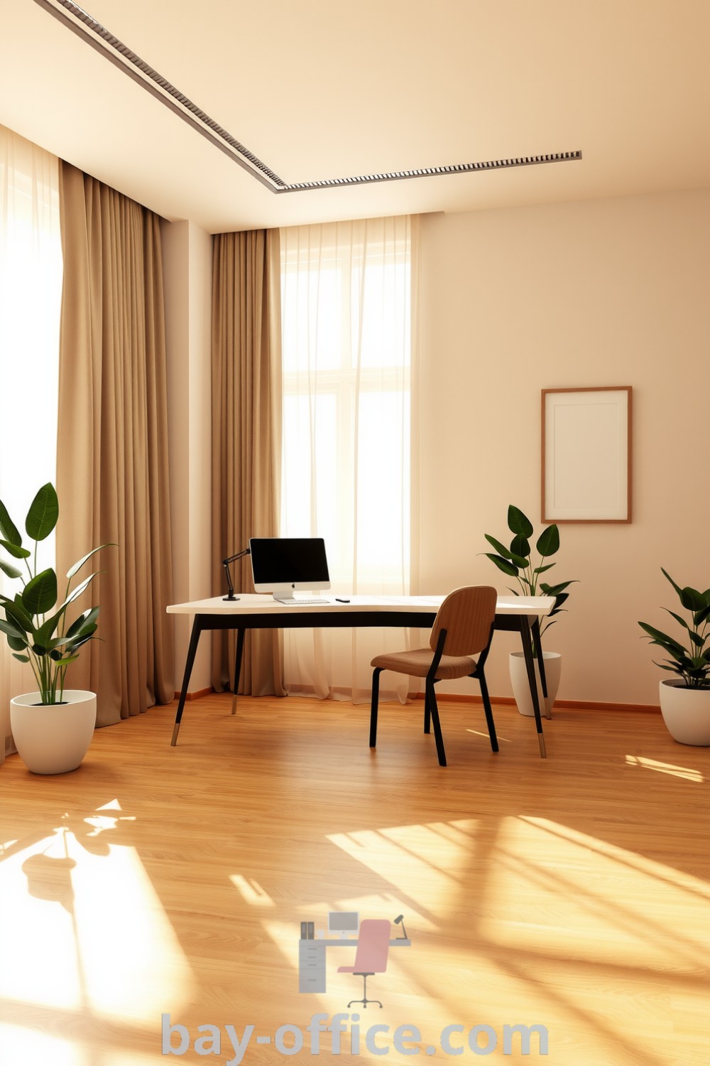 Minimalist corporate office with soft beige tones, large windows, a sleek desk and chair, and decorative artwork, designed for productivity and comfort. Discover design tips and ideas for small spaces at bay-office.com.