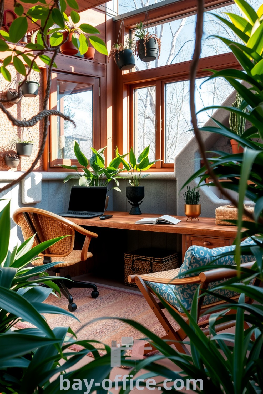 Nature-inspired home office with a rustic wooden desk, woven chair, and large windows surrounded by greenery, creating a calming atmosphere ideal for productivity. Explore design tips and cozy aesthetic ideas at bay-office.com.