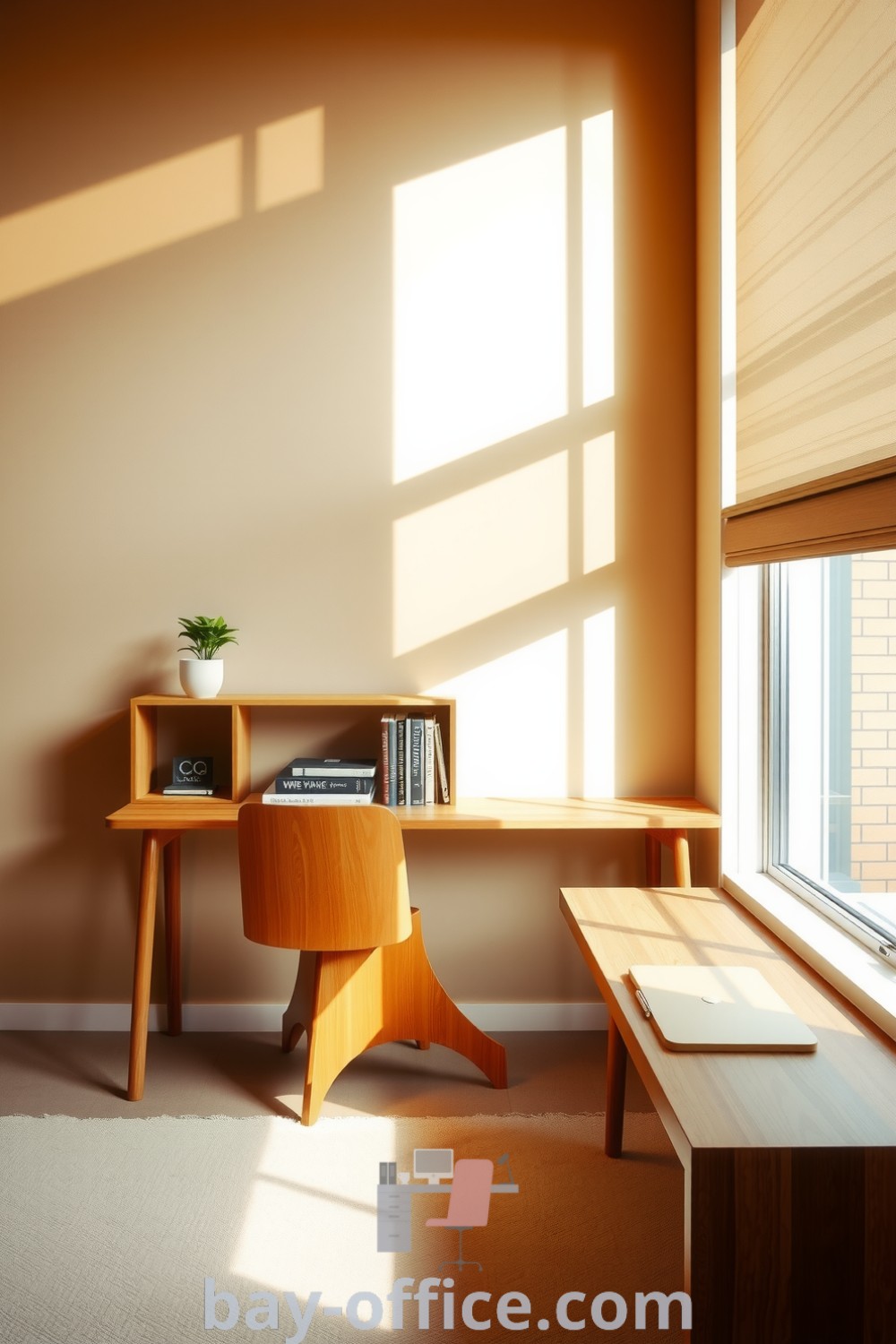 Minimalist home office featuring warm beige walls, a wooden desk, and natural lighting, designed to inspire productivity and comfort. Ideas for enhancing work-from-home spaces with a cozy aesthetic can be found at bay-office.com.