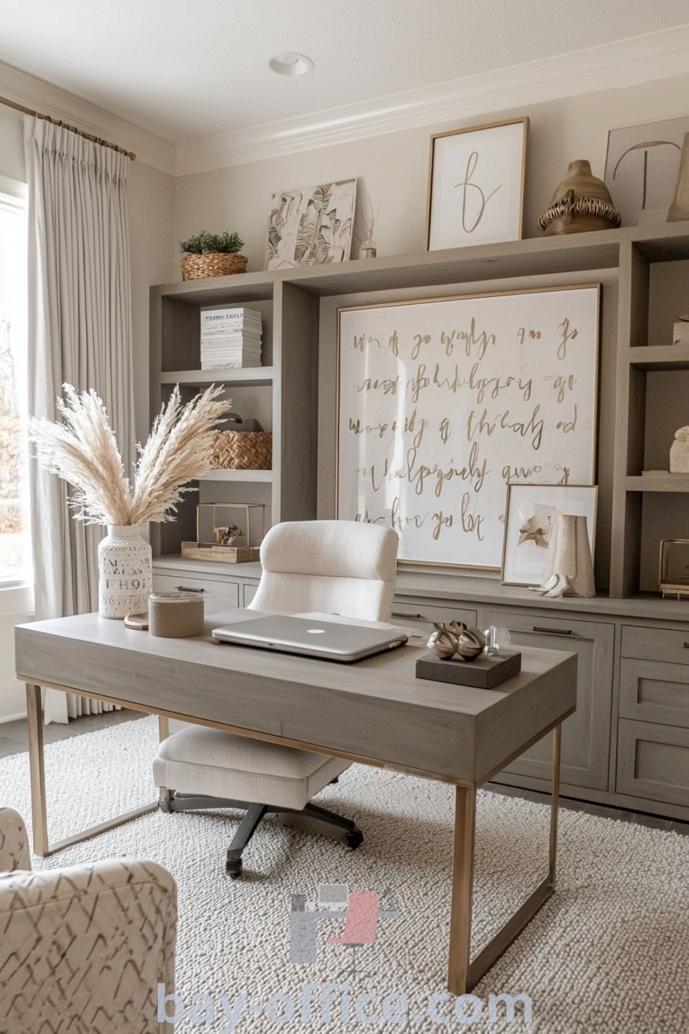 Home office with white furniture, gray desk, and wall decor for a cozy aesthetic. Discover office manager ideas, boss lady decor tips, and productivity-enhancing styles at bay-office.com.