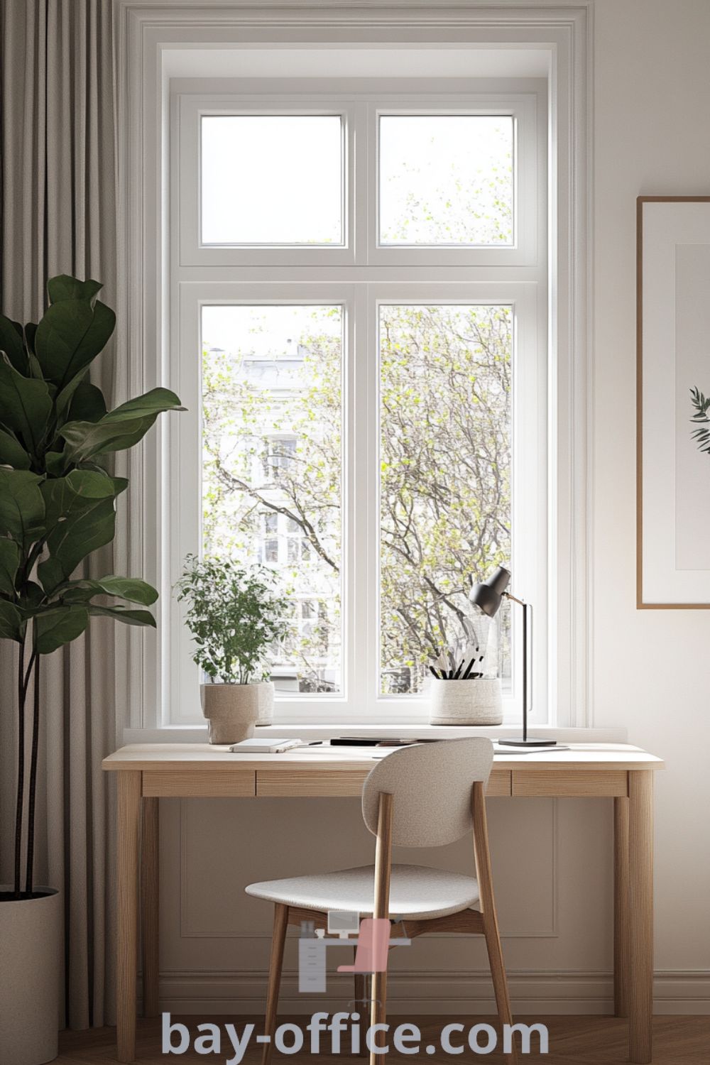 Scandinavian home office featuring a serene white color scheme, natural wood accents, a functional desk by a large window, tasteful artwork, a cozy chair, and potted plants. This design encourages productivity and creativity. Explore more cozy decorating ideas at bay-office.com.