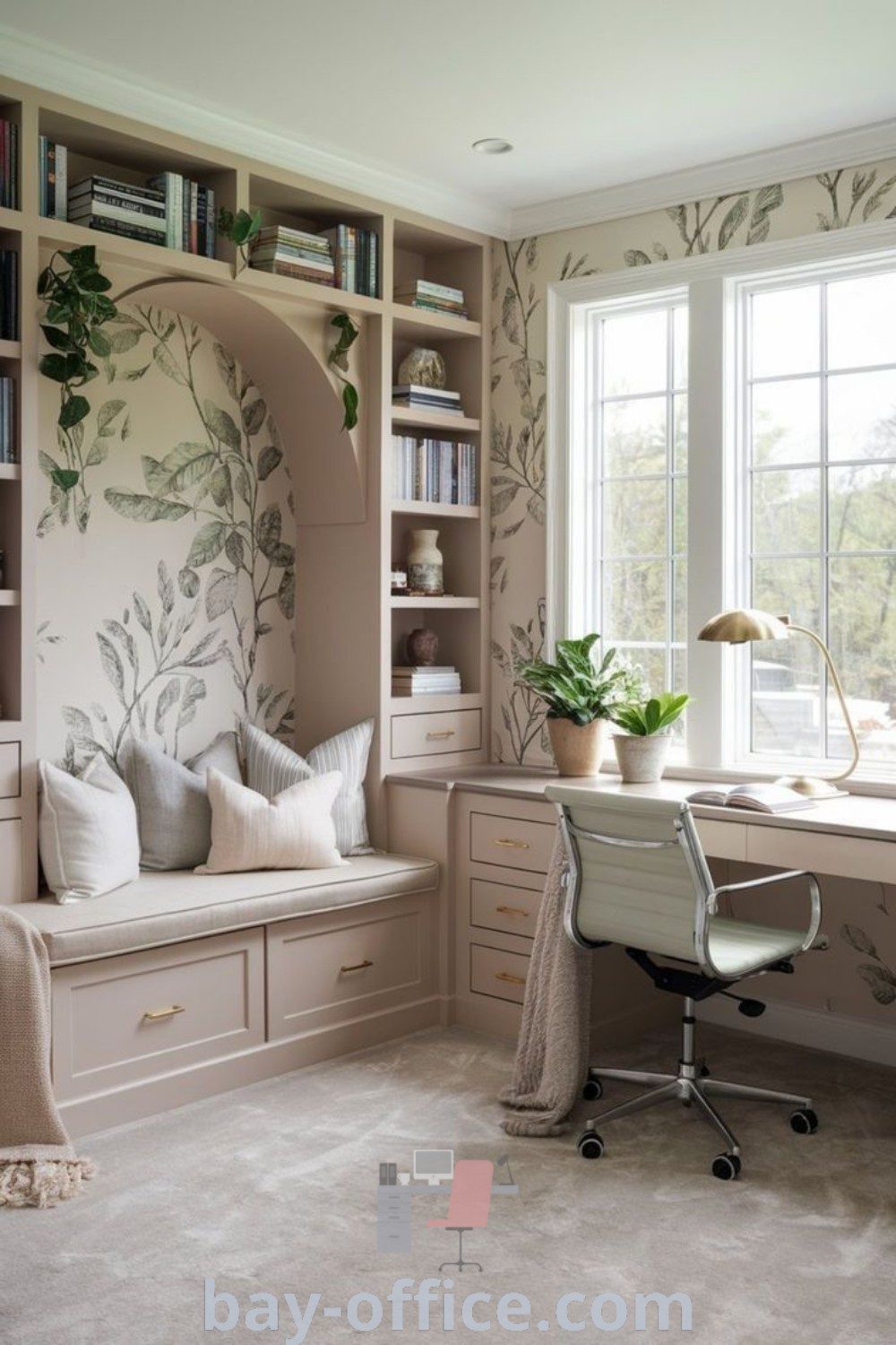 Cozy home office with built-in bookshelves, desk, and a window seat full of pillows, perfect for inspiring productivity and comfort. Explore design tips and ideas you