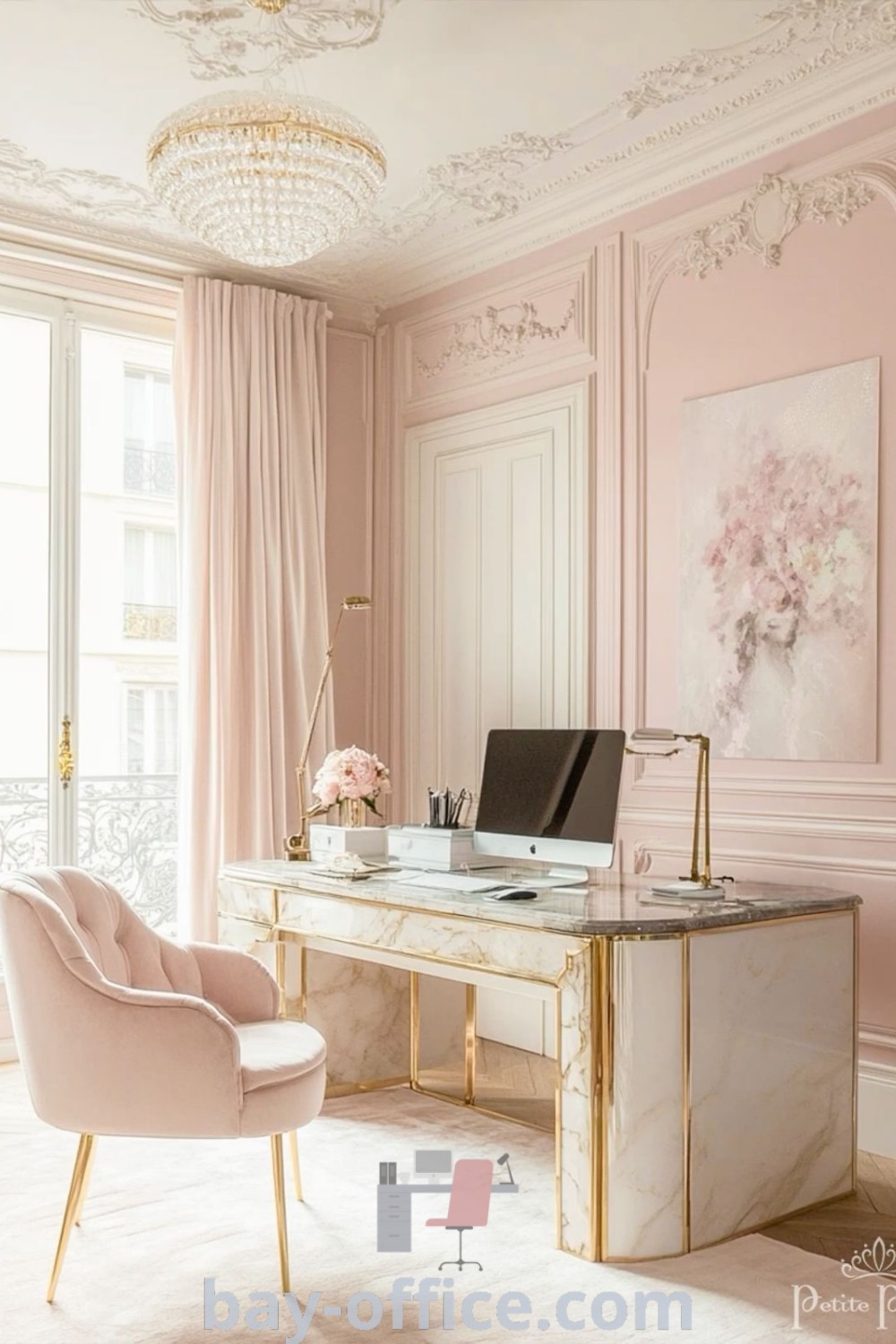 Pastel pink French apartment home office with elegant furniture, vintage decor, and soft blush tones, offering cozy aesthetic and design tips for inspiring productivity. Explore decor ideas for small spaces at bay-office.com.