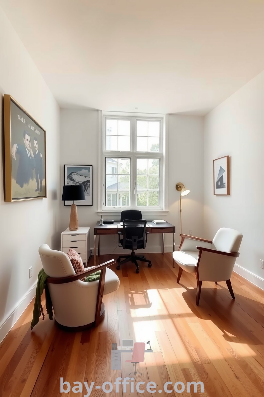 Minimalist corporate office with bright white walls, a sleek wooden desk, warm wood flooring, and comfortable seating designed to inspire productivity and collaboration. Discover inspiring design tips at bay-office.com.