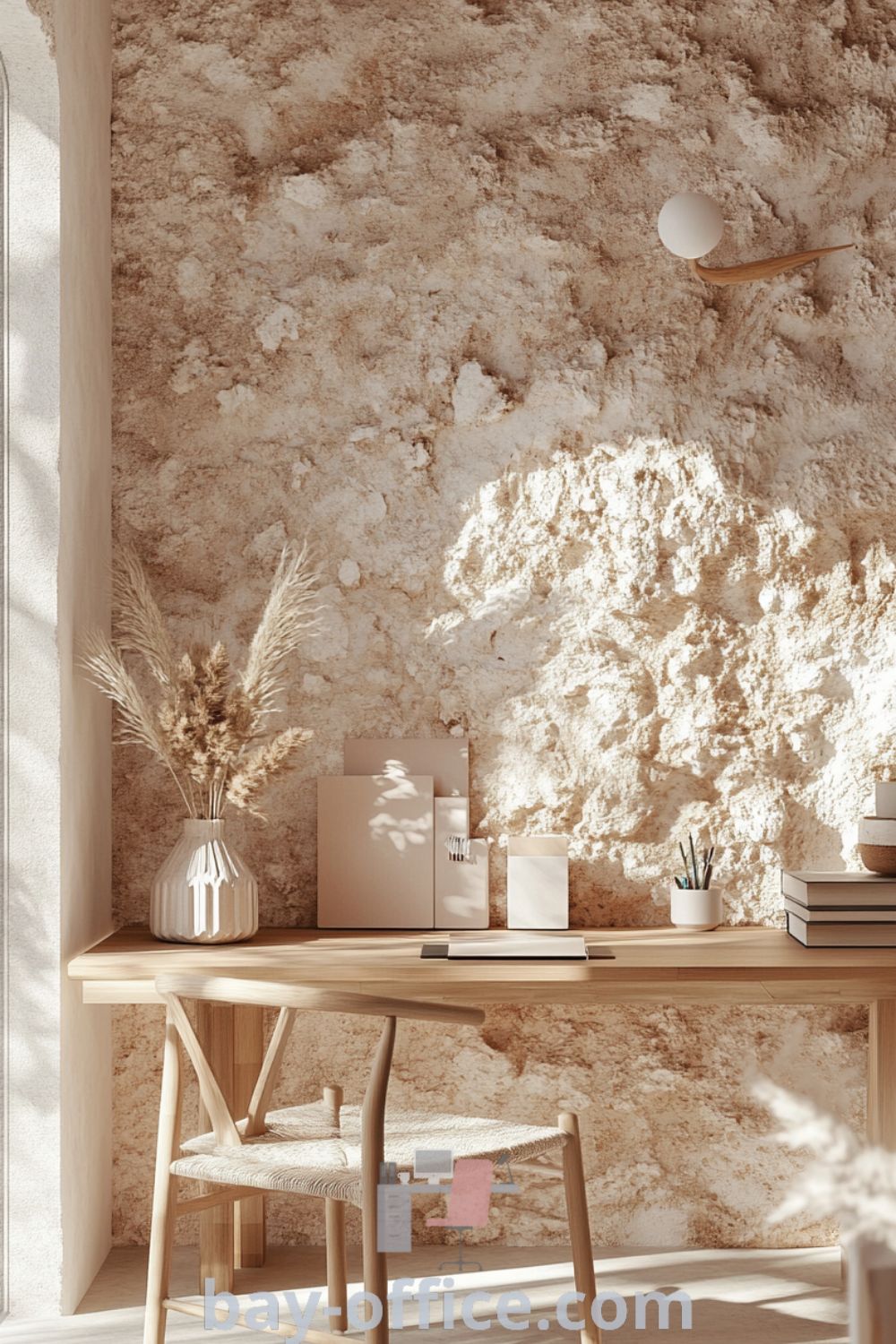 Cozy Scandinavian home office with soft pink walls, light wood desk, and comfortable chair, filled with natural light and decorative plants, designed to inspire productivity and creativity. Discover more design ideas at bay-office.com.