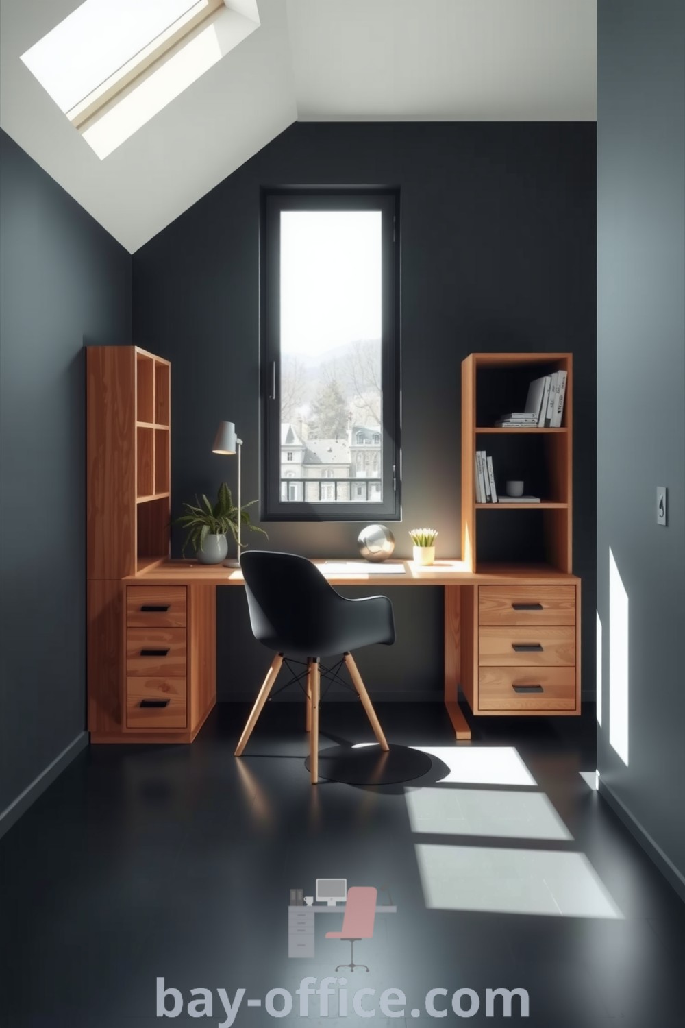 Minimalist home office featuring black decor, a warm wooden desk, and soft grey walls, illuminated by natural light. The design emphasizes tranquility and productivity, showcasing decor ideas for small spaces on bay-office.com.