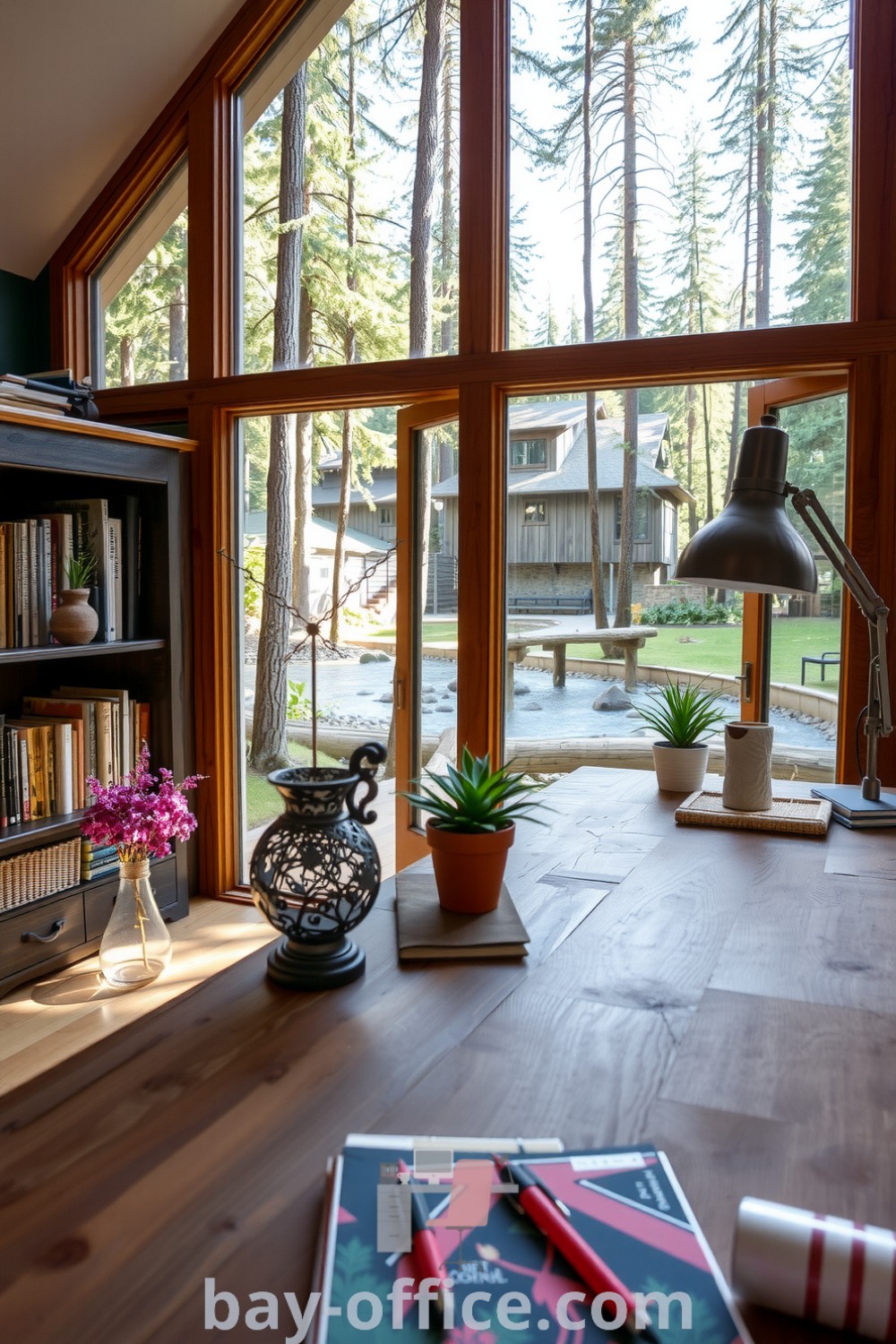 Serene nature home office with large windows, wooden desk, plants, and natural light, creating a cozy and inspiring atmosphere. Discover design tips and decor ideas for small spaces at bay-office.com.