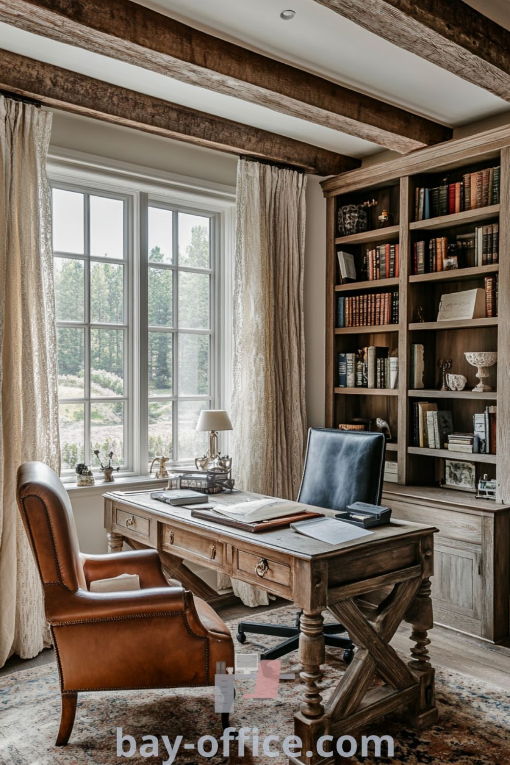Charming French country home office featuring weathered wooden beams, an oak desk, and antique leather chair, creating a cozy and inspiring workspace. Ideal for those seeking design tips and decor ideas for small spaces. Discover more at bay-office.com.