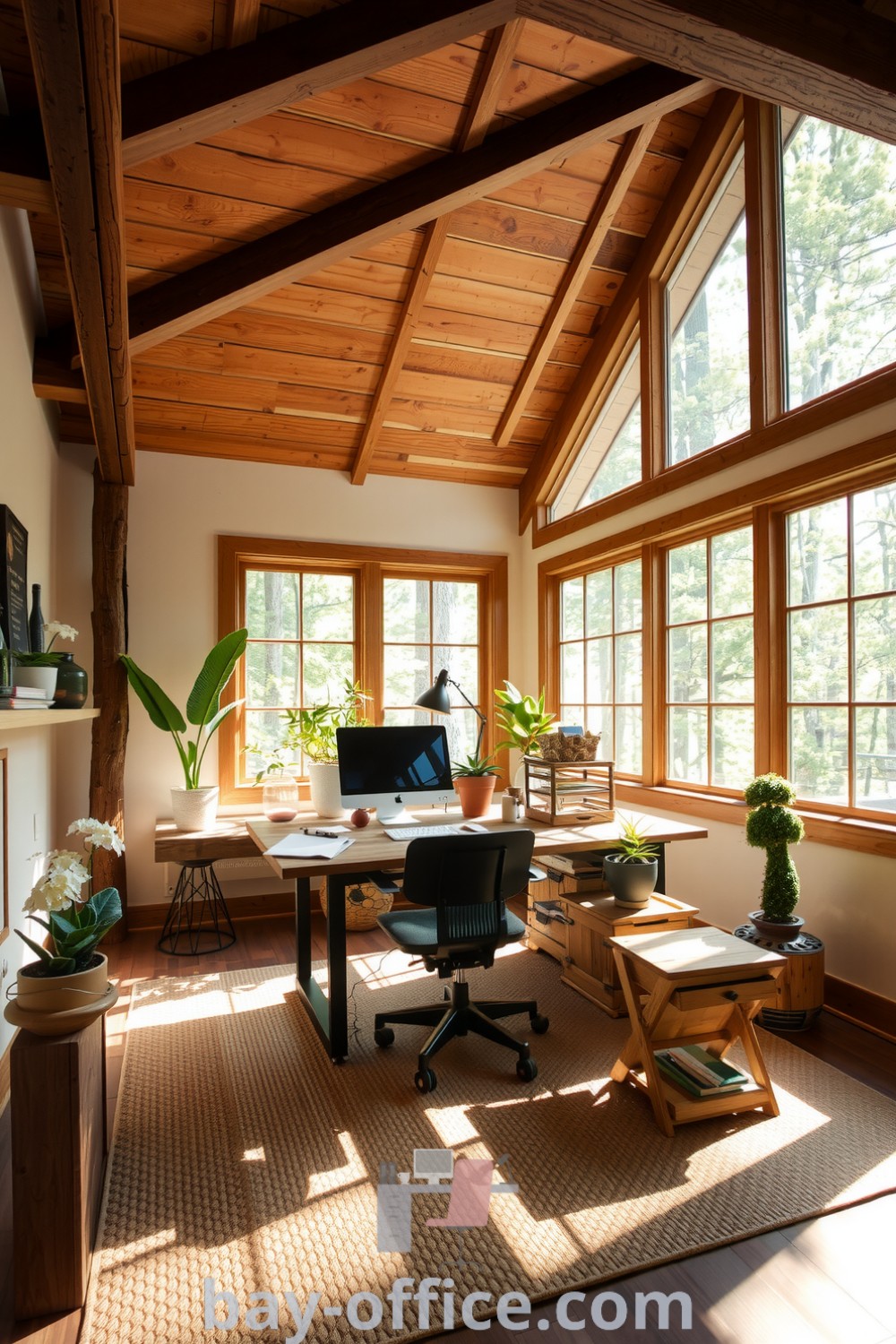 Nature-inspired home office featuring wooden beams, a reclaimed wood desk, and potted plants, creating a cozy and inviting workspace that enhances productivity. Find inspiring decor ideas at bay-office.com.