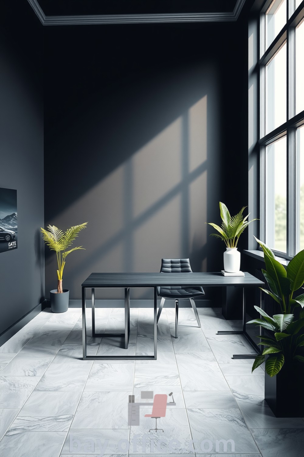 Minimalist corporate office featuring smooth black walls, a polished metal desk, natural light, and potted plants, designed to inspire productivity and focus. Explore design trends at bay-office.com.